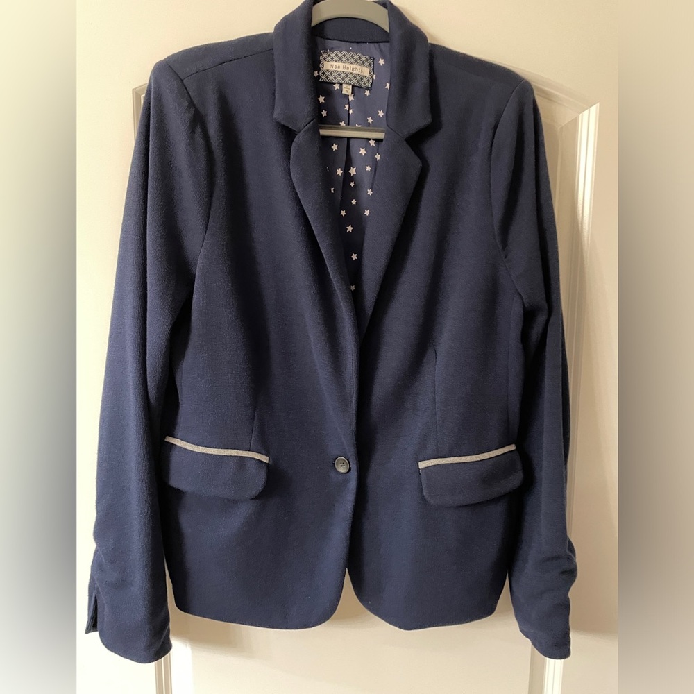 Noe Heights Ladies XL Navy blue blazer with star liner and gray trim. Like new.